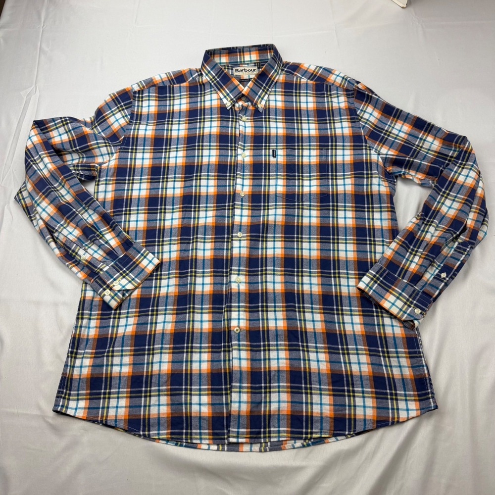 Barbour Button Down Shirt Mens XL Blue Orange Plaid Bram Tailored Fit Cotton